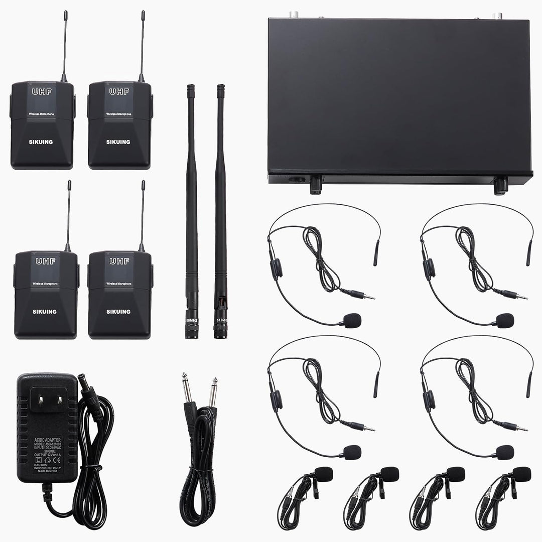 4-Kanal Mikrofon Wireless Kabellos mit Lavalier-Kopfbügelmikrofonen, 4x50 einstellbare Frequenzen, i