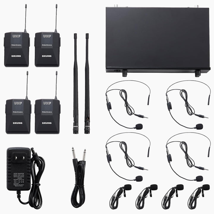 4-Kanal Mikrofon Wireless Kabellos mit Lavalier-Kopfbügelmikrofonen, 4x50 einstellbare Frequenzen, i