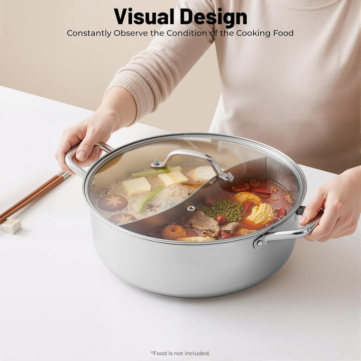 32cm Fonduetopf aus Edelstahl 304 Topf Chinesischer Fonduetopf mit Glasdeckel mit 2 Löffeln Geeignet
