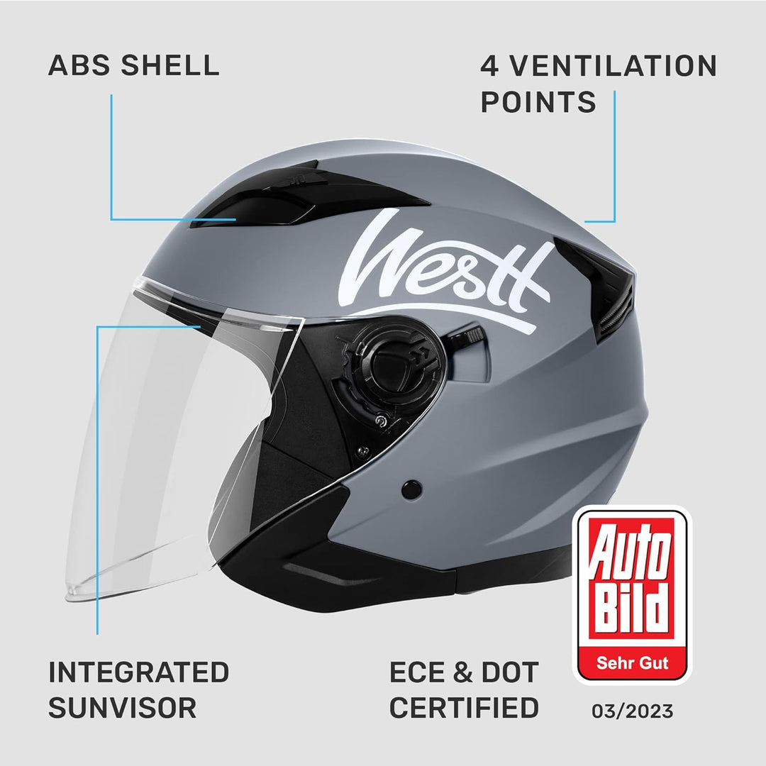 Westt Jethelm mit Visier und Sonnenblende Motorradhelm Herren Damen Rollerhelm Mopedhelm Mofa Choppe