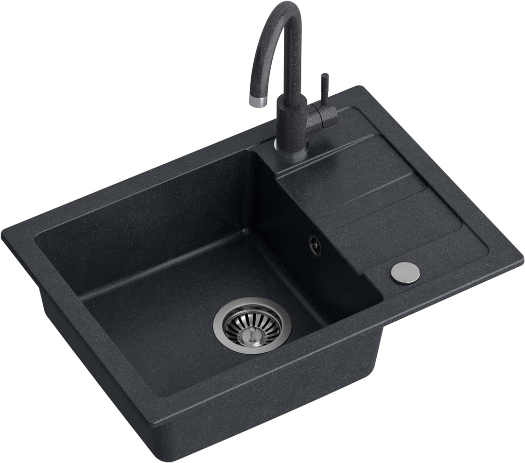 VBChome Spülbecken mit Armatur Schwarz 62 x 44 cm Granit Einzelbecken Einbauspüle Abtroffläche Gespr