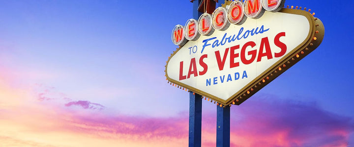 Glasbild Panorama | Wandbild aus Echtglas | Las Vegas Schild in der Dämmerung | 100x40 cm | inkl. Au