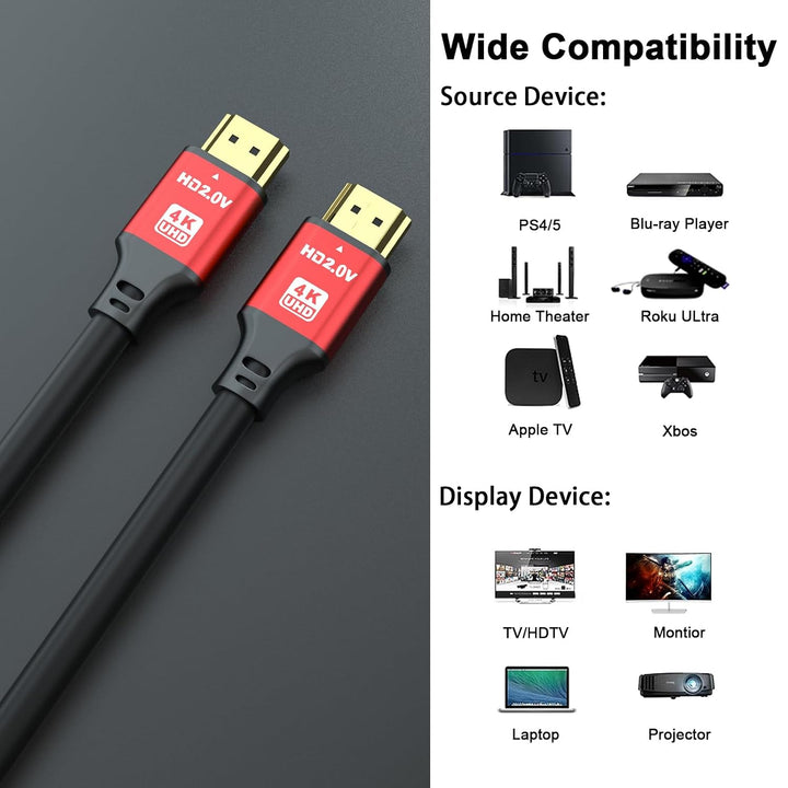 4K HDMI-Kabel, 15 m, High Speed HDMI 2.0 Kabel 4 K @ 60 Hz 18 Gbps, Ultra HD, Ethernet Audio Return,
