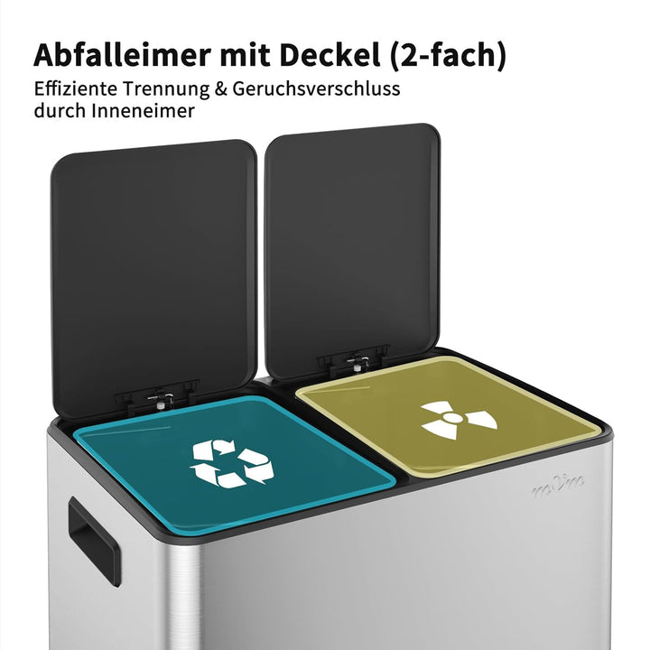 mVm Mülleimer Küche,60 Liter Treteimer,2 x 30 Liter Treteimer, 2 Fächer, Mülltrennsystem, Abfalleime