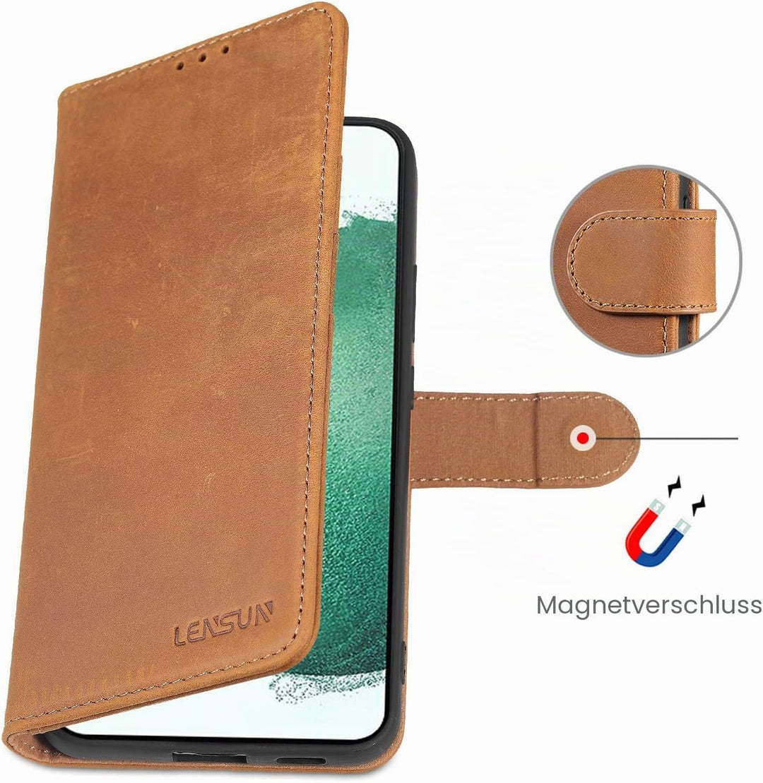 LENSUN Echtleder Hülle für Samsung Galaxy S22 Plus, Handyhülle [Echtes Leder][Magnetverschluss][RFID