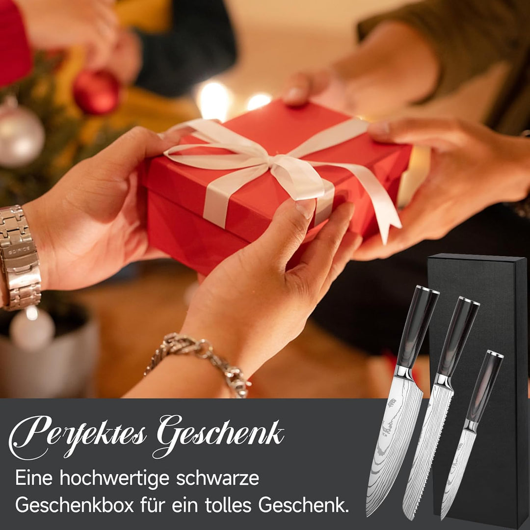 Gustrug Messerset Küchenmesser Set 3-tlg mit Pakkaholzgriff, Scharfe Messer Set aus Hochwertigem Car