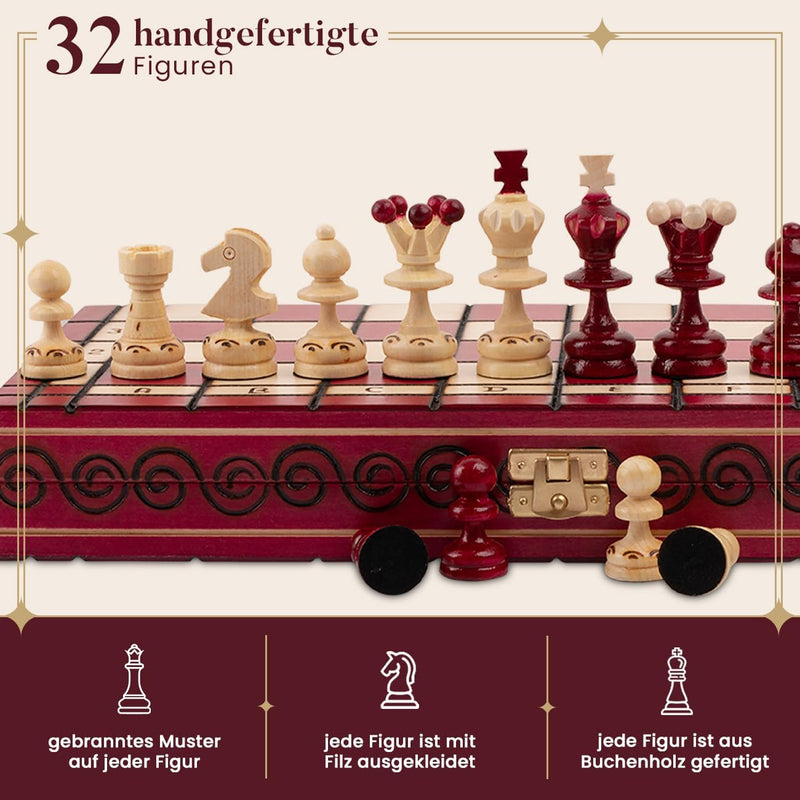Schachbrett Holz Hochwertig | Master of Chess Schachspiel Holz Rote | Chess Set 35cm | Handgefertigt