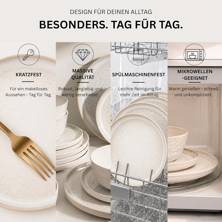 SÄNGER Key West | Steingut Geschirr Set 30 tlg, Teller Set 6 Personen, 6x Speise- Dessertteller, Müs