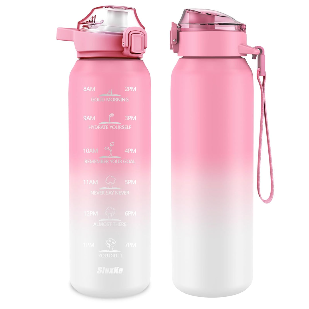 SLUXKE Trinkflasche Edelstahl 1000ml mit 2Deckel（Strohhalm&amp; no Strohhalm, [18/10 Edelstahl] 1Liter T