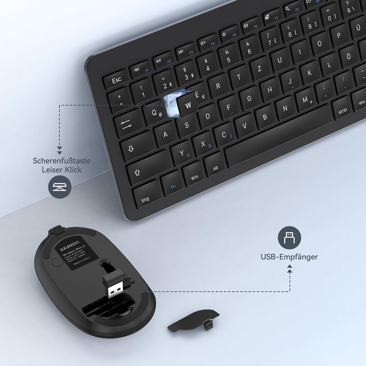 Tastatur Maus Set Kabellos, seenda Ultra-Dünne Wiederaufladbare Funk Tastatur Maus Set, Ergonomische