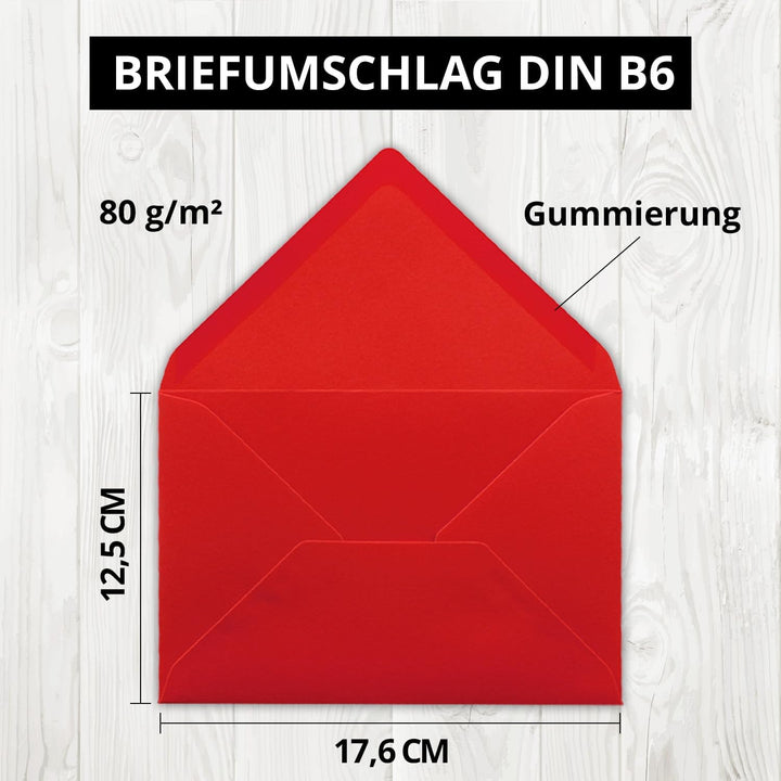 1000x Brief-Umschläge leuchtendes Rot - 80 g/m² - Kuverts in DIN B6 Format 12,5 x 17,6 cm - Nasskleb