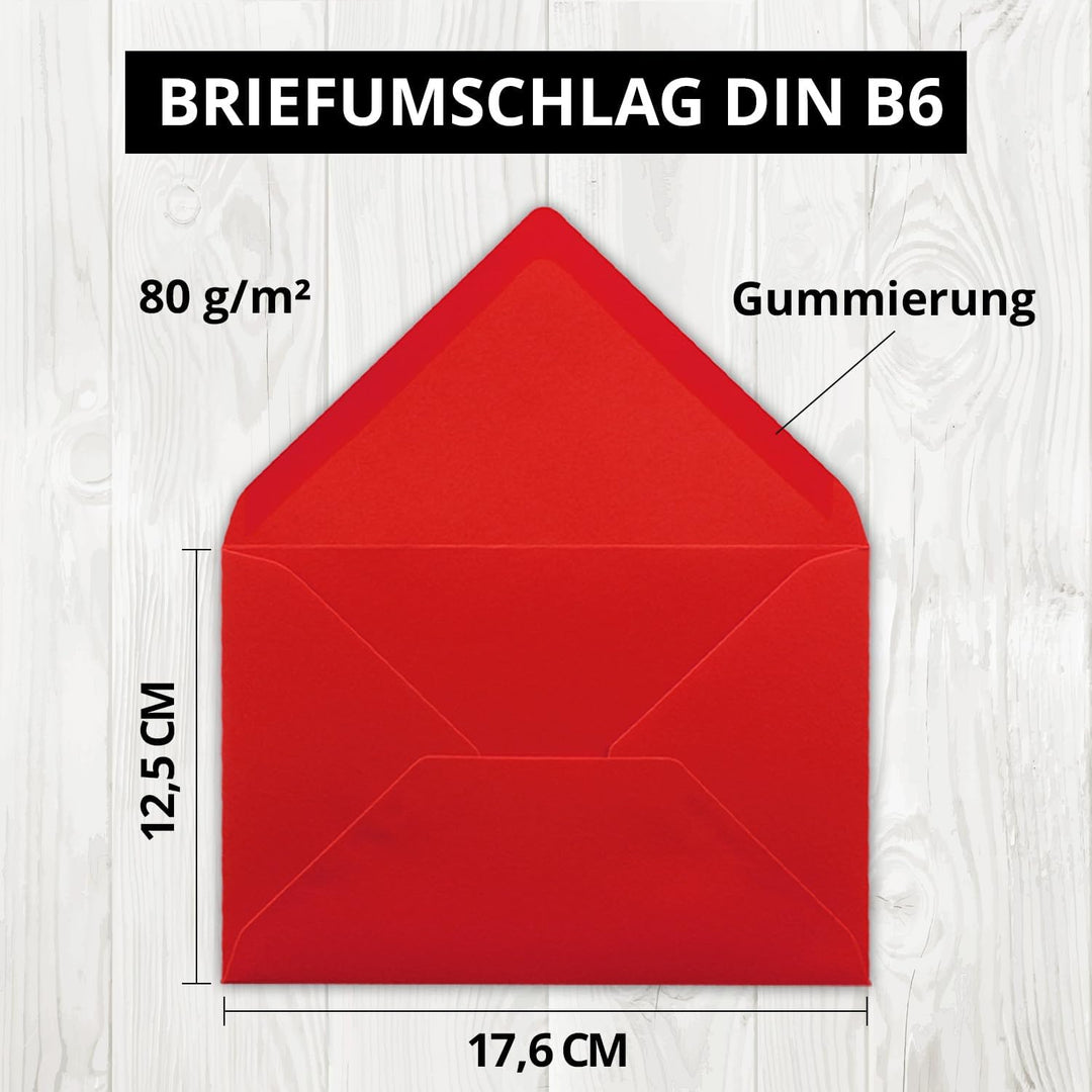 300x Brief-Umschläge leuchtendes Rot - 80 g/m² - Kuverts in DIN B6 Format 12,5 x 17,6 cm - Nassklebu