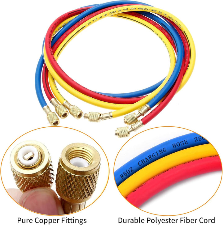 3 Stück Füllschlauch für R134a, 1/4 SAE Kältemittelschläuche mit 3 Farben, 60 Zoll Klimaanlagen Fluo