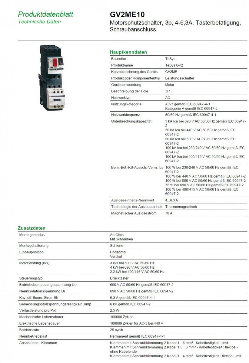 Schneider Electric | GV2ME10 - Motorschutzschalter, 3p, 4-6,3A, Tasterbetätigung, Schraubanschluss -