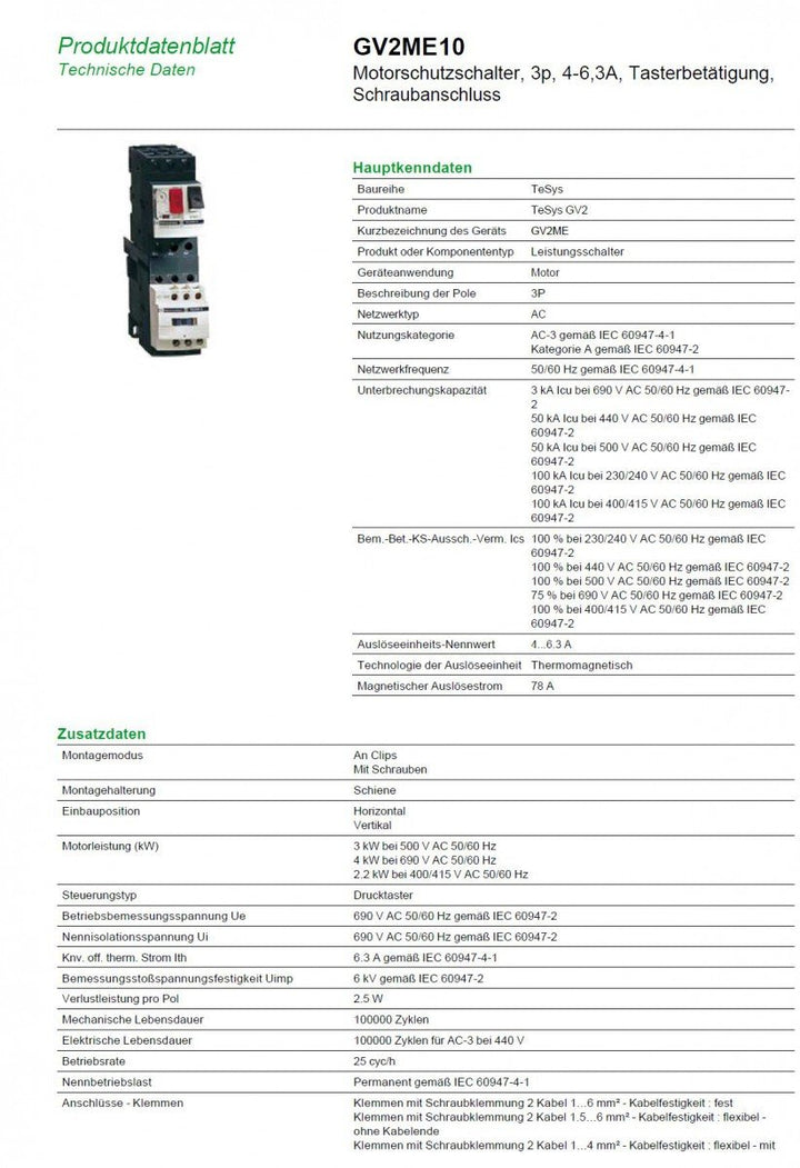 Schneider Electric | GV2ME10 - Motorschutzschalter, 3p, 4-6,3A, Tasterbetätigung, Schraubanschluss -