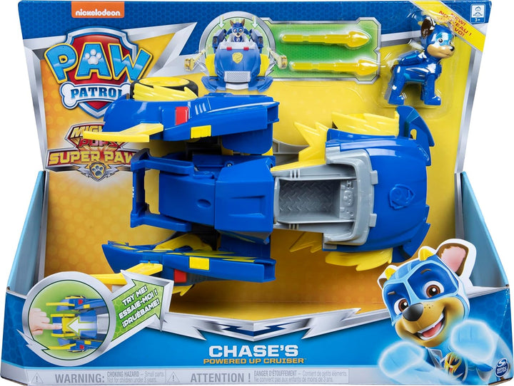 PAW PATROL Mighty Pups Super Paws - Chases verwandlungsfähiges Powered Up Fahrzeug mit Figur