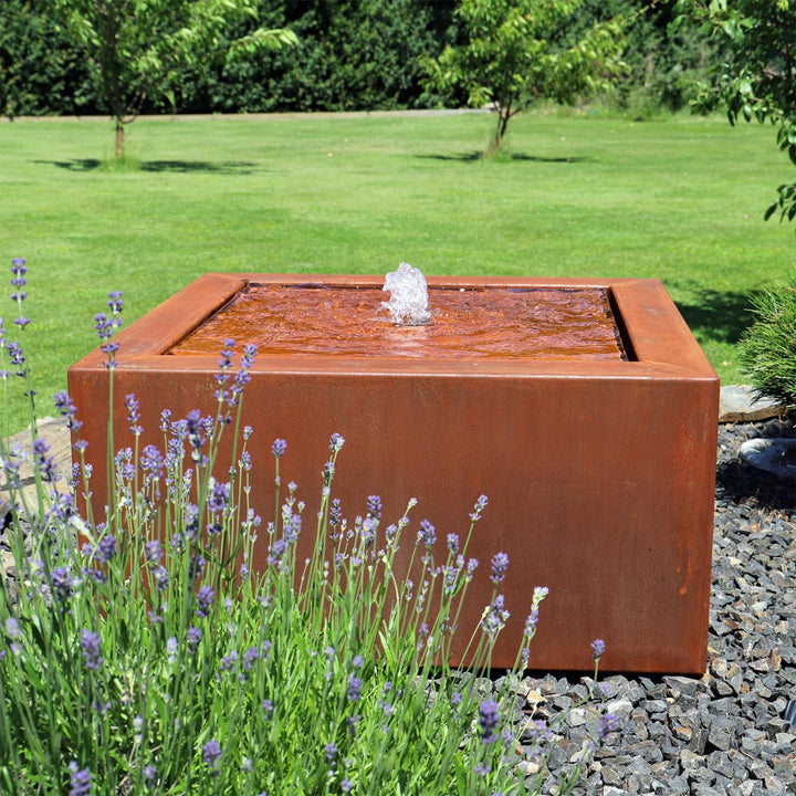 Cortenstahl Brunnen Quadro Quellbrunnen für Garten &amp; Terrasse | Set mit LED Beleuchtung, Viereckig,