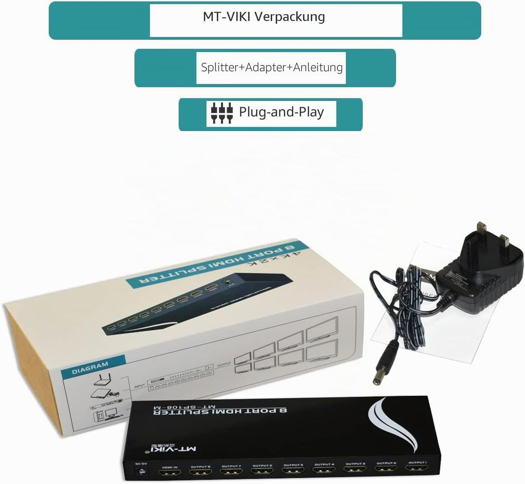 MT-VIKI 1x8 HDMI Splitter 1 in 8 Out Gleichzeitig HDMI Splitter 8 Monitore Mirror Unterstützt 4K HD