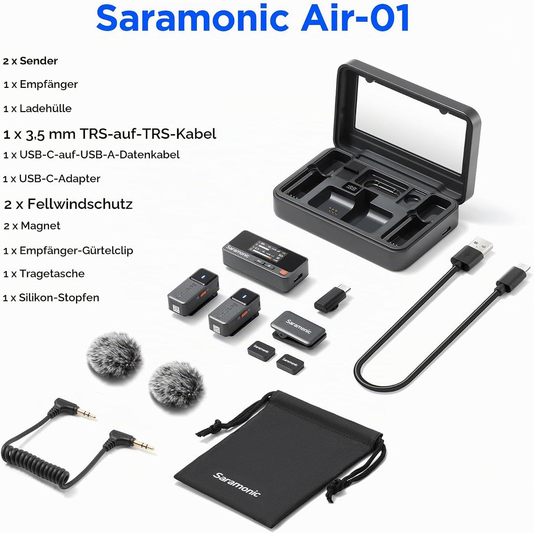 Saramonic Air Wirelss Lavalier Mikrofon Handy (2 Sender, 1 USB-C Empfänger, Ladeschale), 48H Akku, M