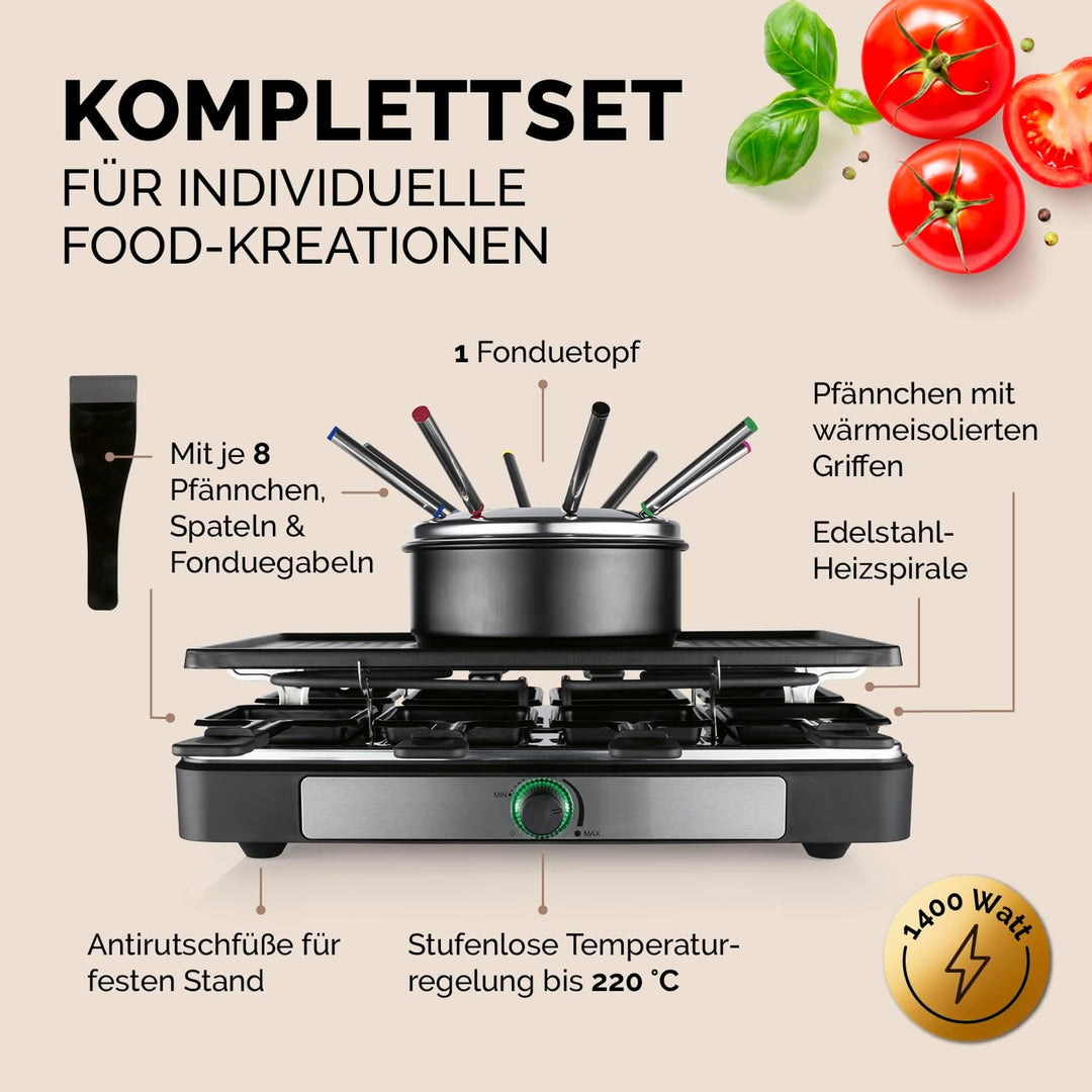 GOURMETmaxx 2-in-1 Raclette mit Fondue | Raclette Set 8 Personen – ideal als Partygrill | Raclette-F