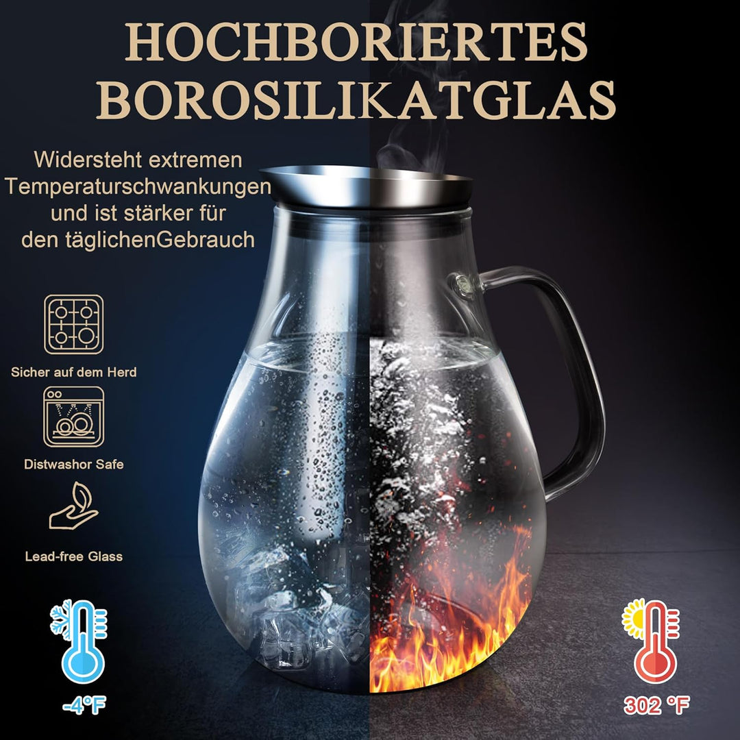 SUSTEAS 2 Liter 70 Unzen Glas Karaffe Krug mit Deckel und Auslauf, Wasserkaraffe, Eistee Krug, Saft
