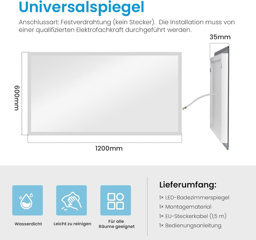 Heilmetz Badspiegel mit Beleuchtung 120x60cm, Badezimmerspiegel mit 3000K Warmweisses Licht und 6500