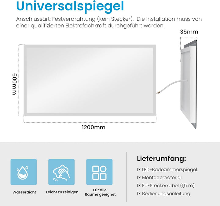 Heilmetz Badspiegel mit Beleuchtung 120x60cm, Badezimmerspiegel mit 3000K Warmweisses Licht und 6500