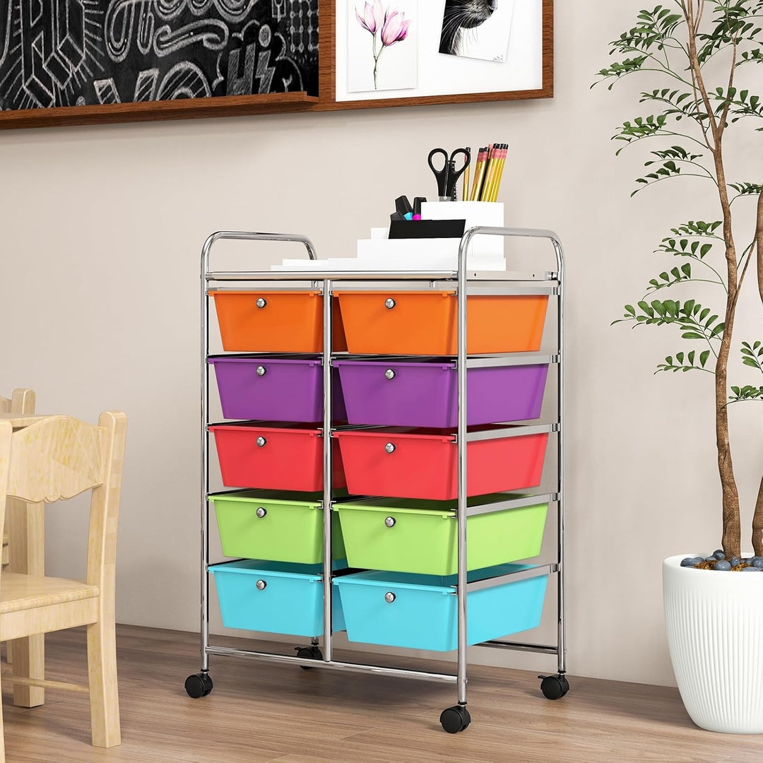 COSTWAY Rollwagen mit 10 stapelbaren Schubladen, Schubladenwagen Rollcontainer mit Metallgestell und