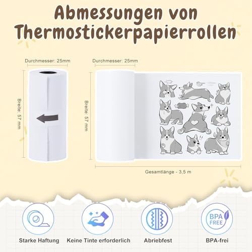 PRAOAHEI Mini Drucker, Tragbarer Fotodrucker mit 20 Rollen Druckerpapier, Bluetooth-Etikettendrucker