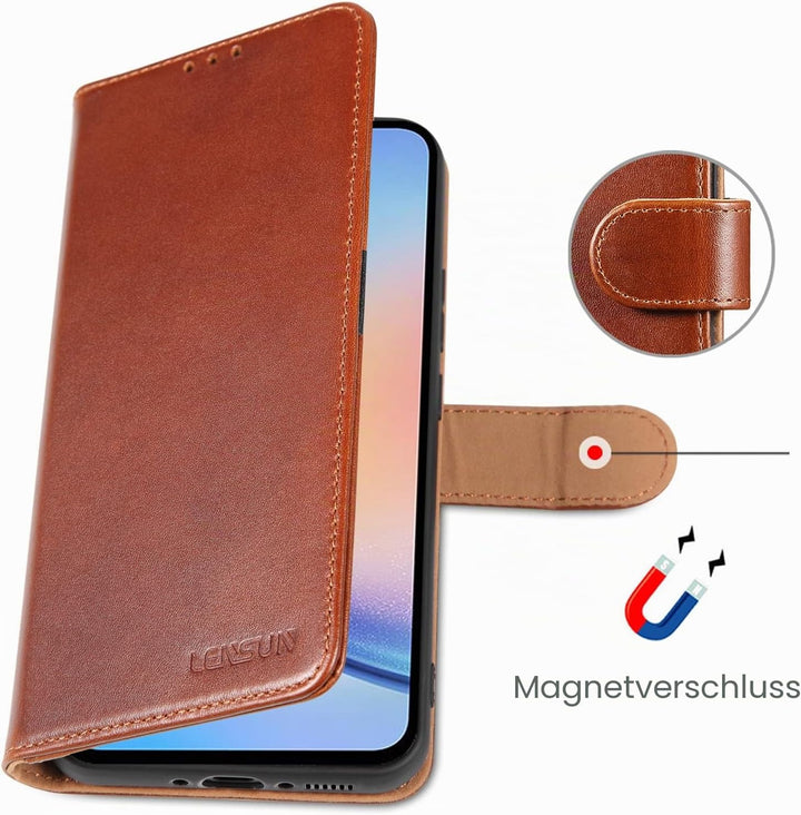 LENSUN Handyhülle für Samsung Galaxy A34, Echtleder Hülle Klappbar [Kartenfach][RFID Schutz][Standfu