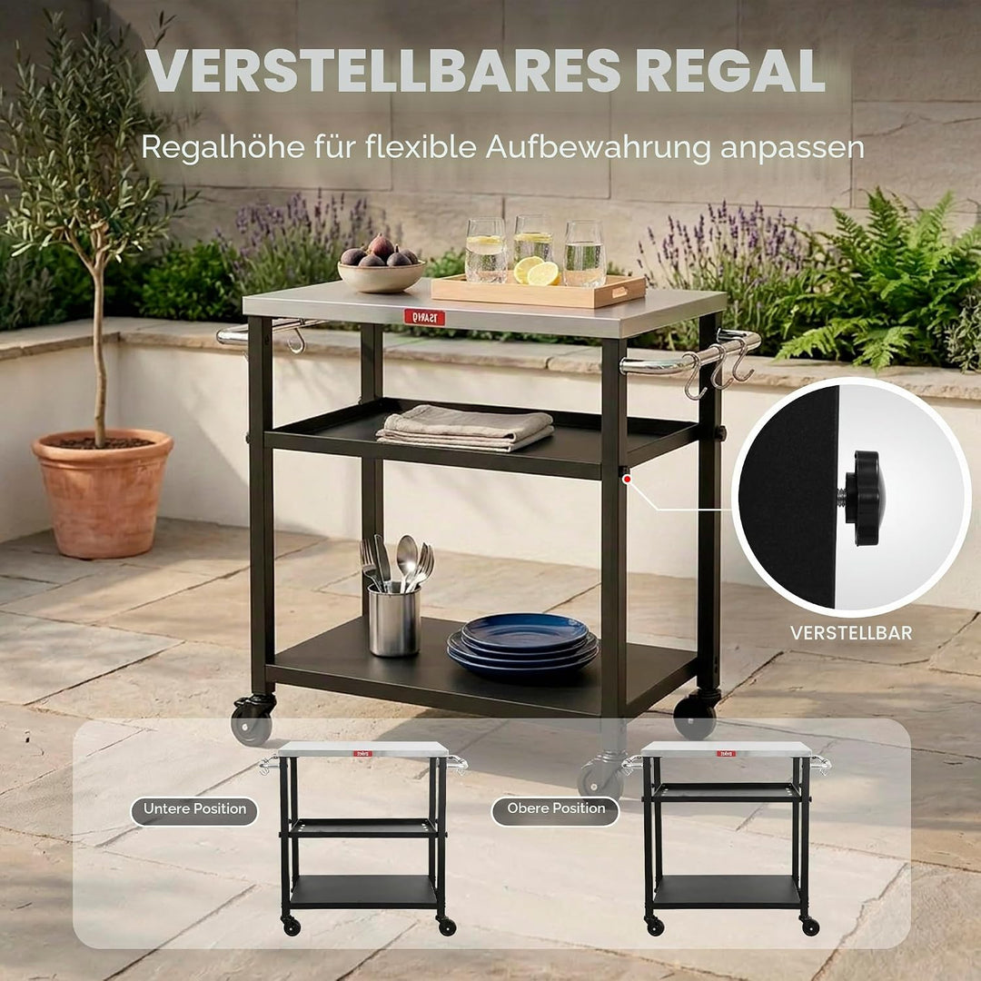 Feasto Rollender 3-stöckiger Verstellbarer Pizza-Ofen-Tisch und Lebensmittelzubereitung, für Zuhause