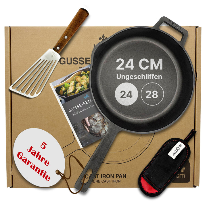 Ottia reine Gusseisenpfanne Induktion 24cm (ungeschliffen), mit eKochbuch, Pfannenwender, waschbarem