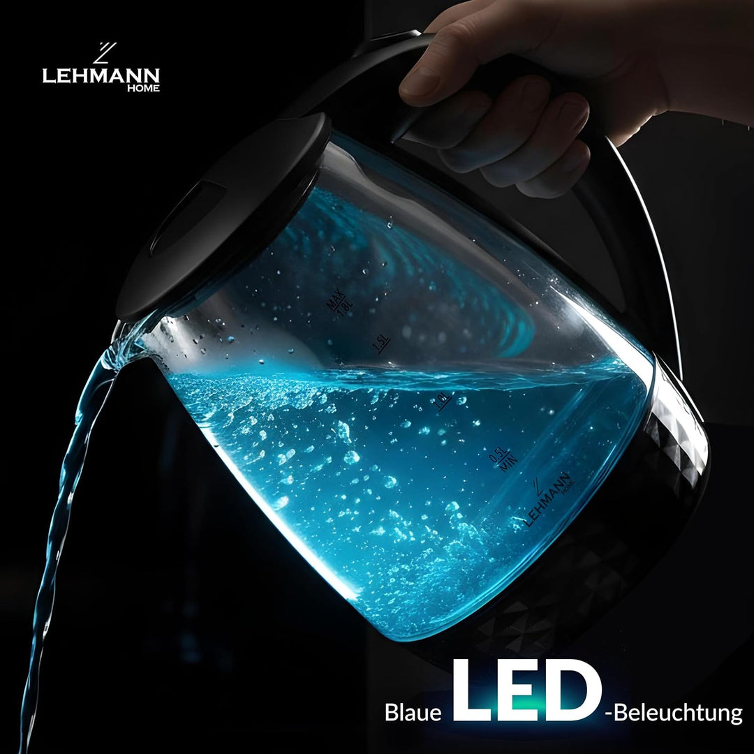 Lehmann LHOEK-2220C Glas-Wasserkocher für die Küche 2L, 2200W elektrischer Wasserkocher aus Glas, Wa