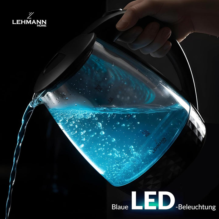 Lehmann LHOEK-2220C Glas-Wasserkocher für die Küche 2L, 2200W elektrischer Wasserkocher aus Glas, Wa