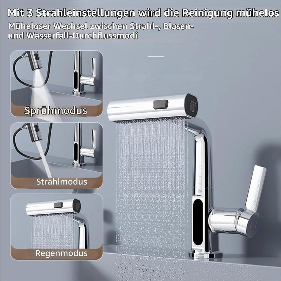 Wasserhahn Bad/Küche mit Ausziehbar Brause, LED Temperaturanzeige Waschtischarmatur Badezimmer mit 3