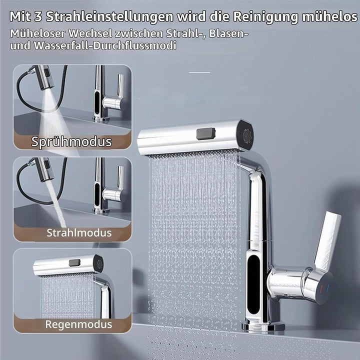 Wasserhahn Bad/Küche mit Ausziehbar Brause, LED Temperaturanzeige Waschtischarmatur Badezimmer mit 3