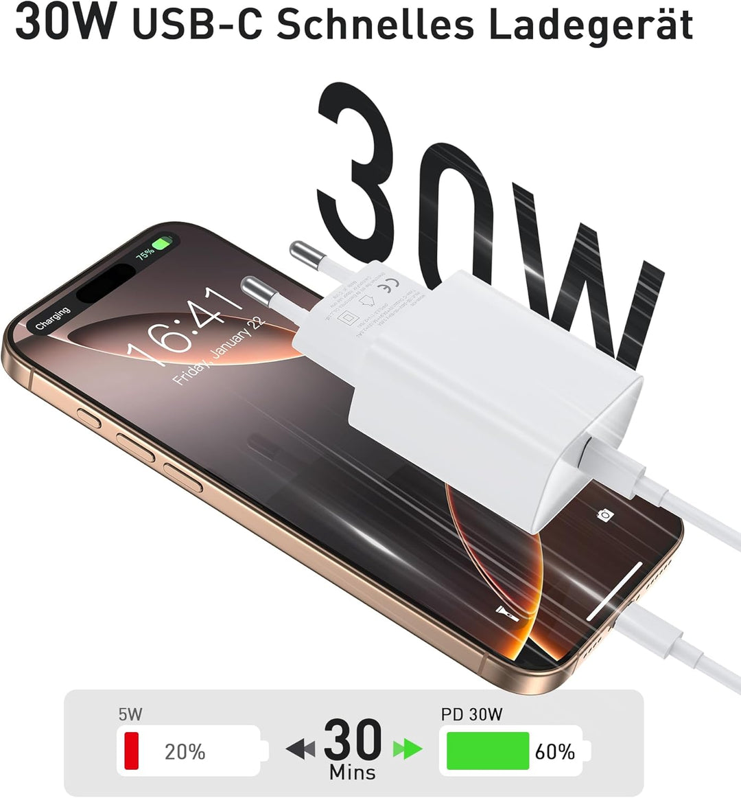 30W USB C Ladegerät, Schnellladegerät mit 2M Schnellladekabel for iPhone 17 16 15/17 16 15 Pro/17 16