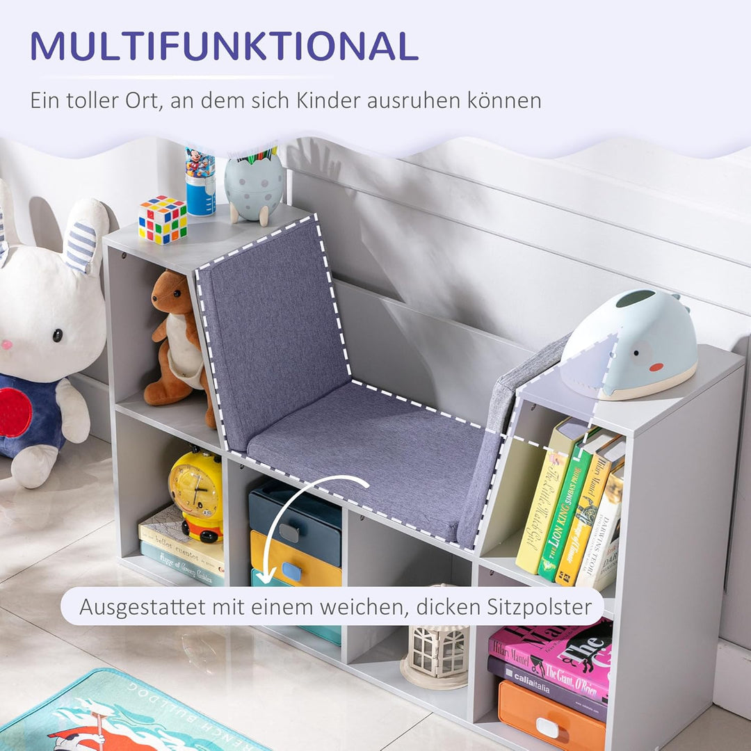 HOMCOM Bücherregal Kinder Kinderregal mit Sitzhocker 6 Fächern 3 Kissen Spielzeugregal Kinderbücherr