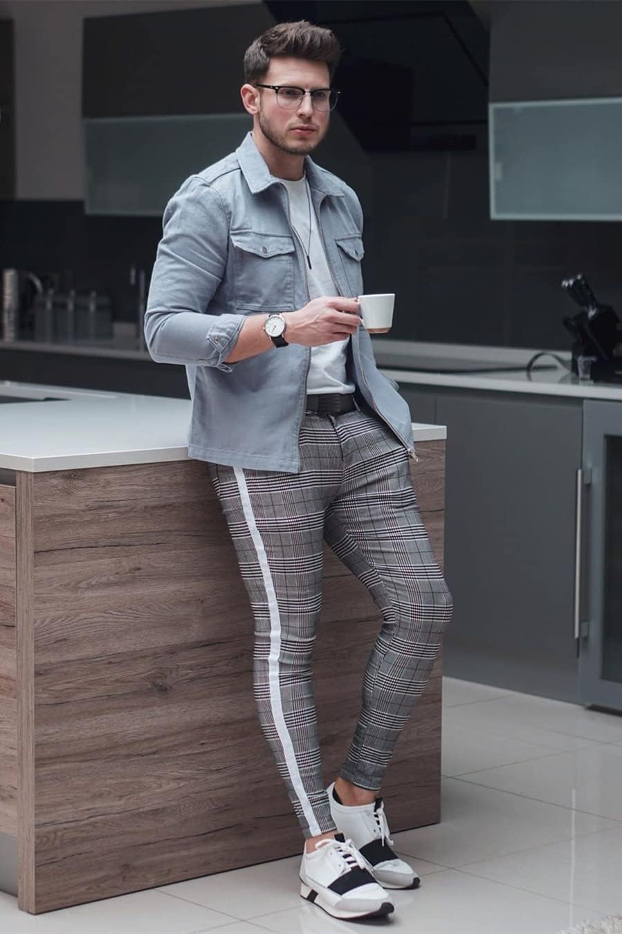 GINGTTO Herren Chino Hose Skinny Stretch Chinohose Karo Slim fit Stoffhose Check Tapered Casual Pant