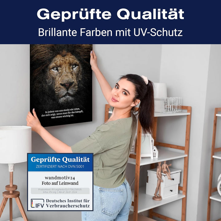 wandmotiv24 Leinwandbild Motivation, 100x75cm, Hochformat, In jedem steckt EIN Löwe, Deko, Bilder au