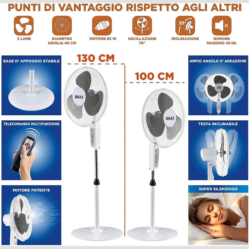 BAKAJI Standventilator mit Fernbedienung, Leistung 50 W, 3 Geschwindigkeiten, 40 cm, Höhe und Neigun