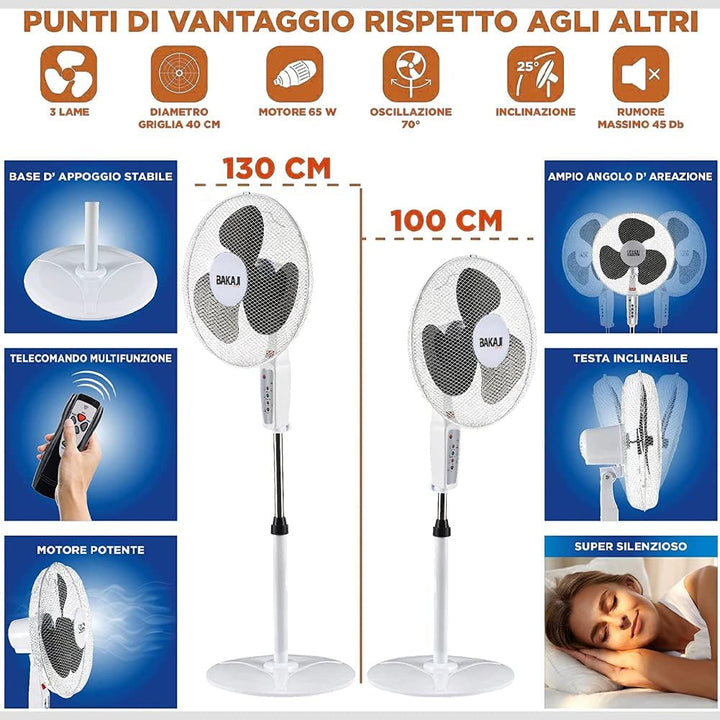 BAKAJI Standventilator mit Fernbedienung, Leistung 50 W, 3 Geschwindigkeiten, 40 cm, Höhe und Neigun