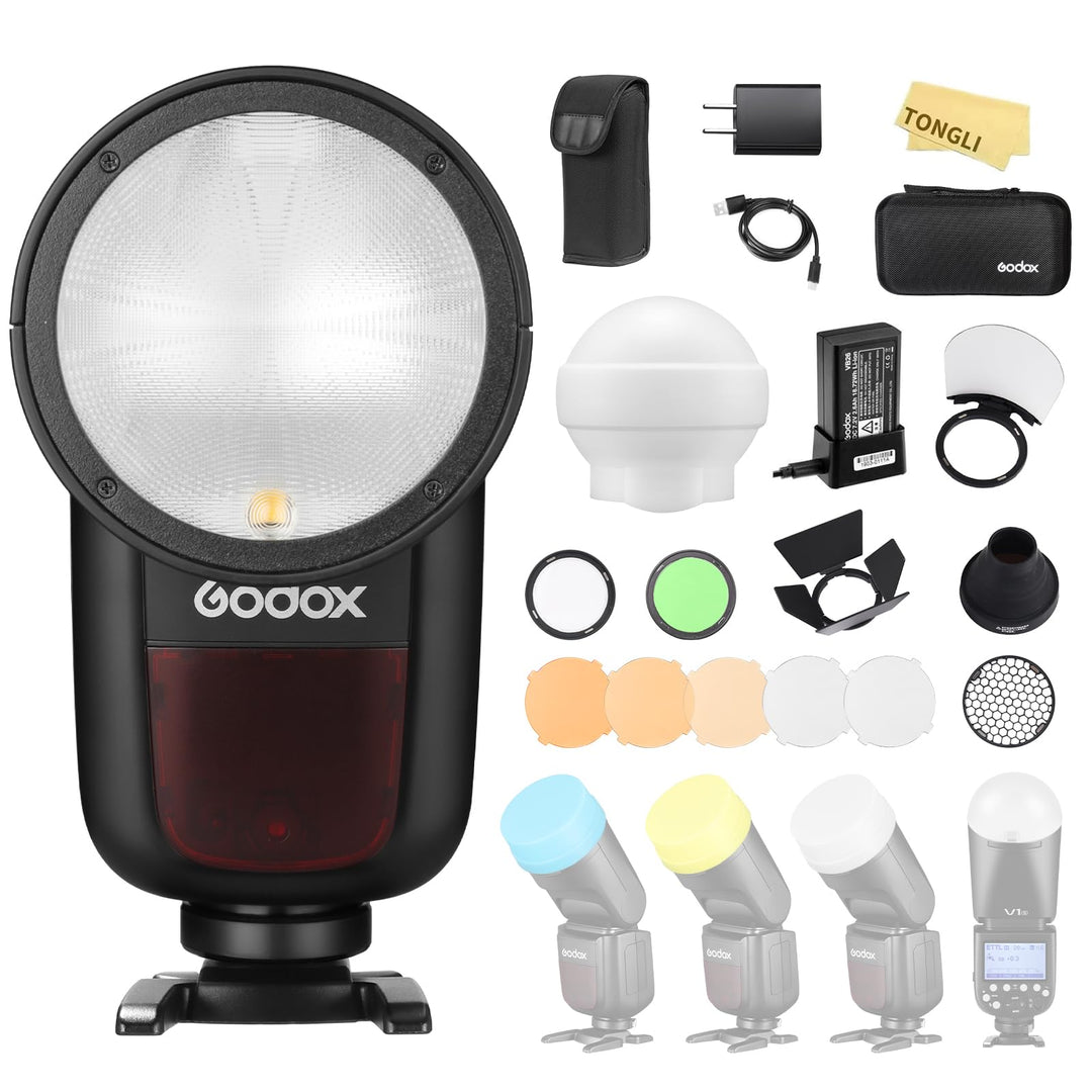 GODOX V1-S TTL Rundkopf Kamerablitz Kit,Rundblitz 2,4G 1/8000 HSS Speedlite 76W mit 2*VB26A Akku und