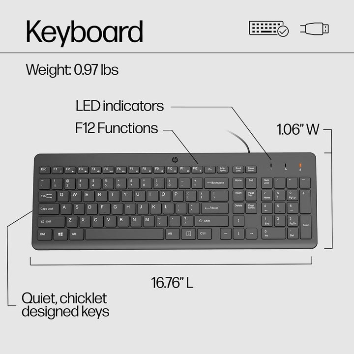 HP 150 Kabelgebundene Maus und Tastatur Combo 1600 DPI, ergonomisch gestaltet und leise Leistung, F1