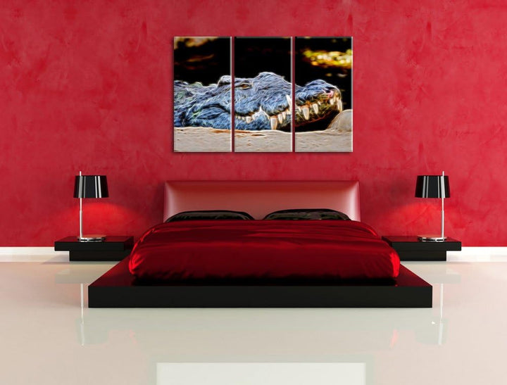 Dark gigantisches Krokodil NewArt 3-Teiler Leinwandbild 120x80 Bild auf Leinwand, XXL riesige Bilder