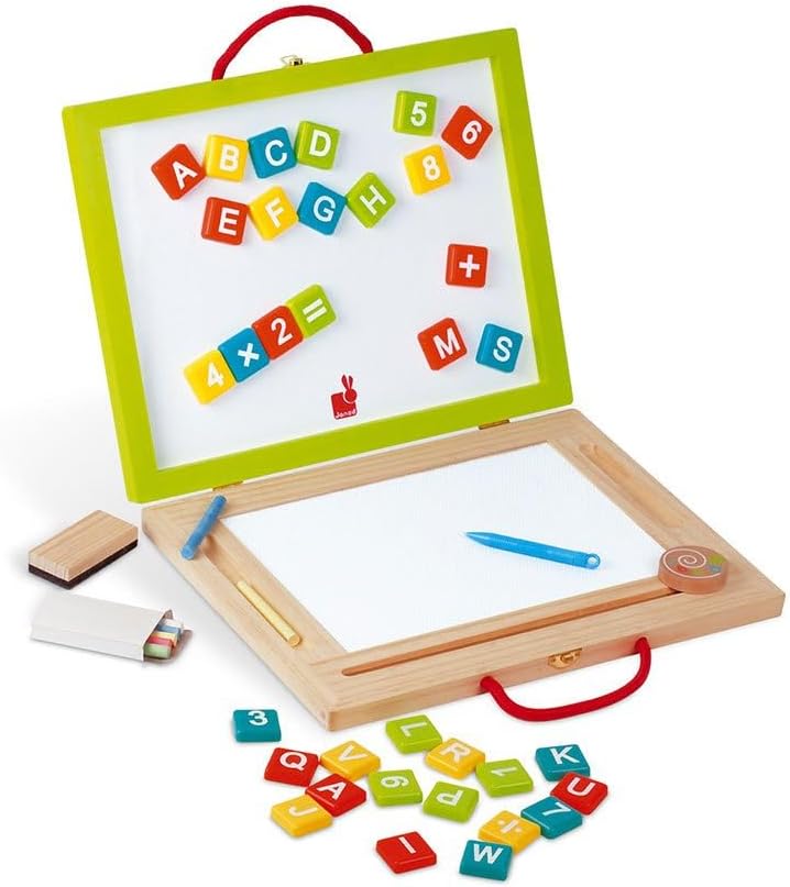 Janod - Kinder-Holzspielzeug 4-in-1-Tafel, Zaubertafel für diverse Aktivitäten, mit Zubehör und 42 M