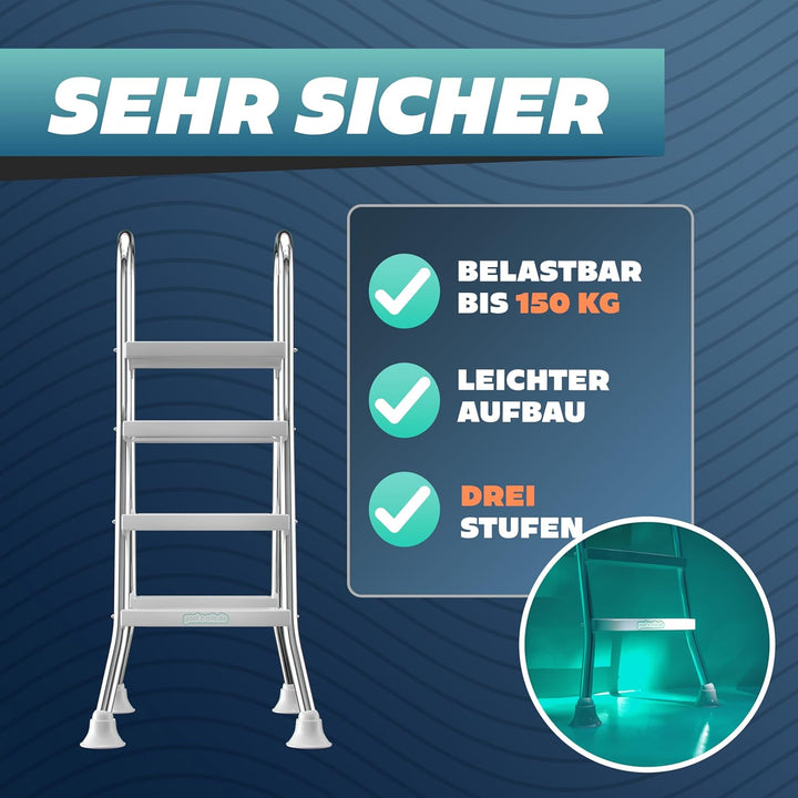 poolomio® Poolleiter Edelstahl mit Handlauf bis 120 cm | Einstiegsleiter mit 3 Stufen für Aufstellpo