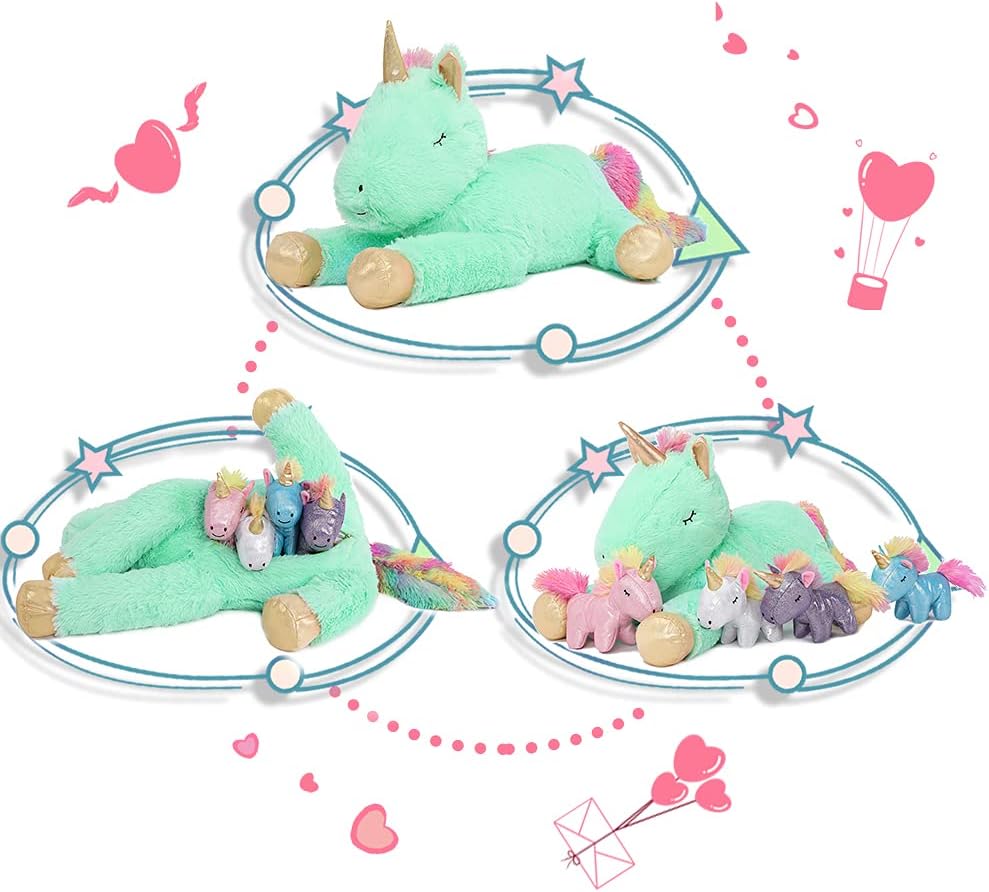 MorisMos Einhorn Kuscheltier gross, 55cm riesen Einhorn Mama mit Babys im Bauch, grosses Plüschtier