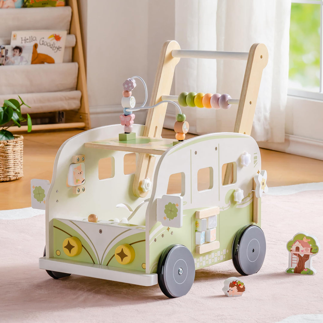 ROBOTIME Baby-Lauflernwagen Holz, Multifunktionale Aktivitäts-Lauflernhilfe mit Höhenverstellung und