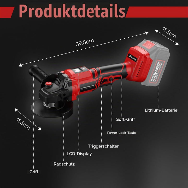 Iriisy Akku Winkelschleifer 115mm 21V Professional mit Digitalanzeige, 3 Modi Bürstenloser Winkelsch